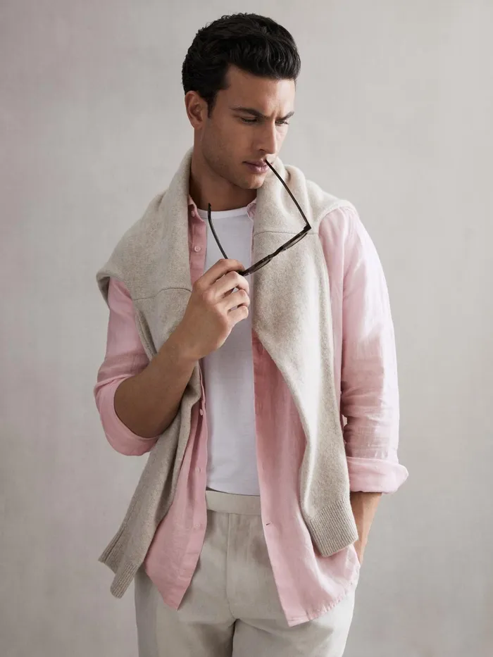 Men Ruban Linen Long Sleeve Shirt Soft Pink Reiss Shirts
