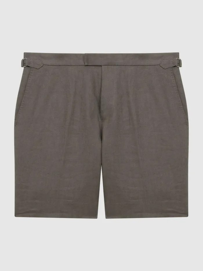 Men Searcy Linen Side Adjuster Shorts Olive Reiss Shorts