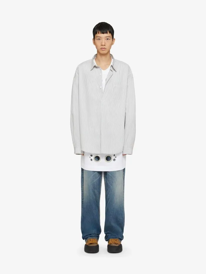 Men Shirts Givenchy Oversized Asymmetrical Striped Shirt In Cotton Light Blue
