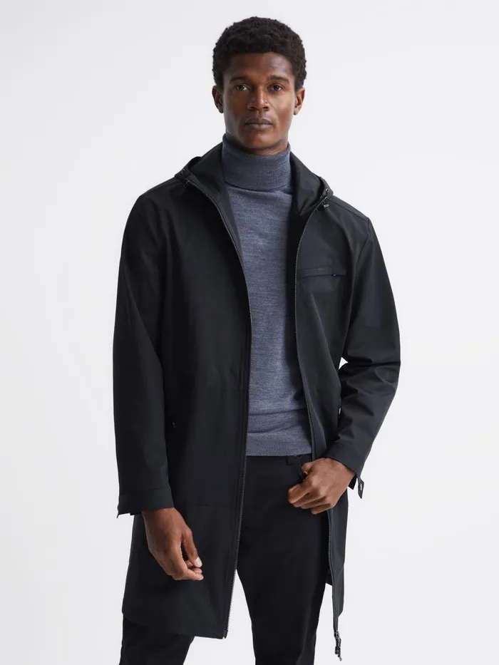 Men Sidahn Hooded Parker Black Reiss Coats and Jackets