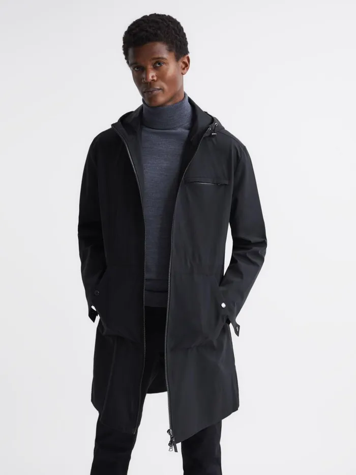 Men Sidahn Hooded Parker Black Reiss Coats and Jackets
