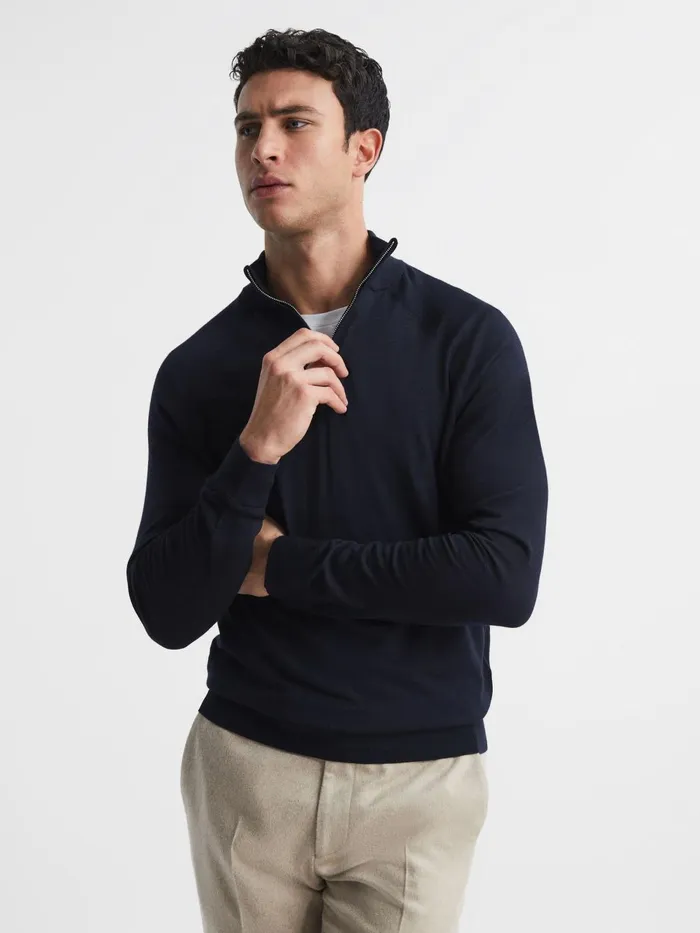 Men Sierra Merino Silk Slim Fit Zip Neck Jumper Airforce Blue Reiss Knitwear