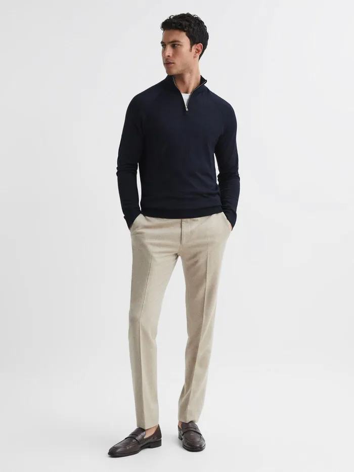 Men Sierra Merino Silk Slim Fit Zip Neck Jumper Airforce Blue Reiss Knitwear