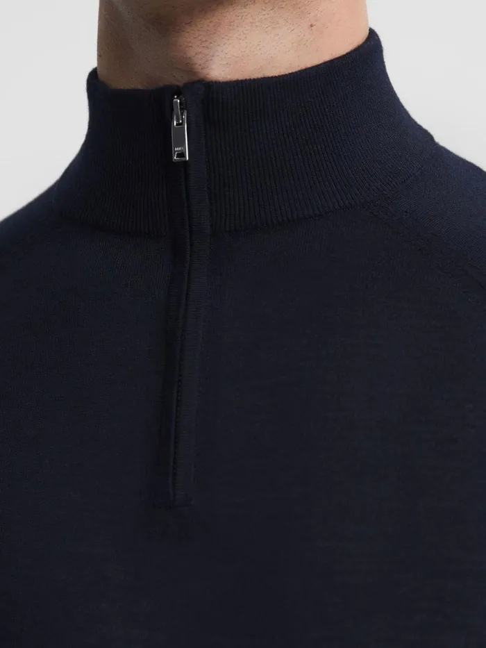 Men Sierra Merino Silk Slim Fit Zip Neck Jumper Airforce Blue Reiss Knitwear