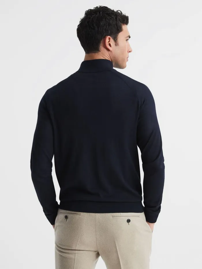 Men Sierra Merino Silk Slim Fit Zip Neck Jumper Airforce Blue Reiss Knitwear