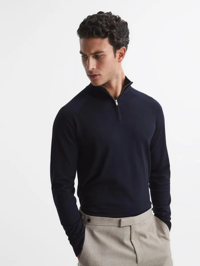 Men Sierra Merino Silk Slim Fit Zip Neck Jumper Airforce Blue Reiss Knitwear