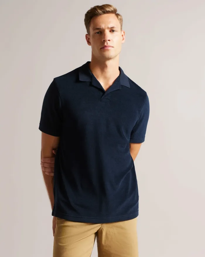 Men SNDBANK 8211 Towelling Revere Collar Polo Shirt Navy Ted Baker Polo Shirts