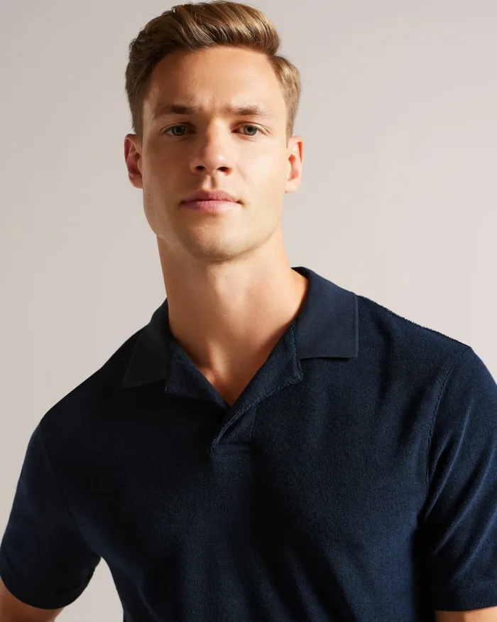 Men SNDBANK 8211 Towelling Revere Collar Polo Shirt Navy Ted Baker Polo Shirts