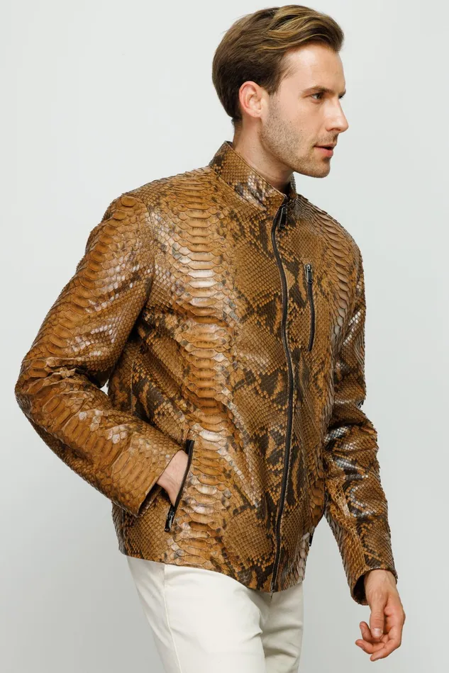 Men The Boss Pythn Tan Leather Jacket Vinci Leather Leather Jackets