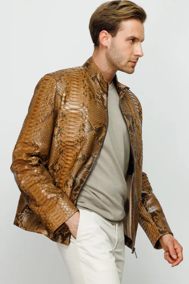 Men The Boss Pythn Tan Leather Jacket Vinci Leather Leather Jackets