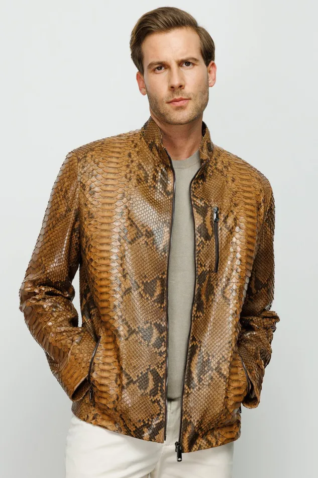 Men The Boss Pythn Tan Leather Jacket Vinci Leather Leather Jackets