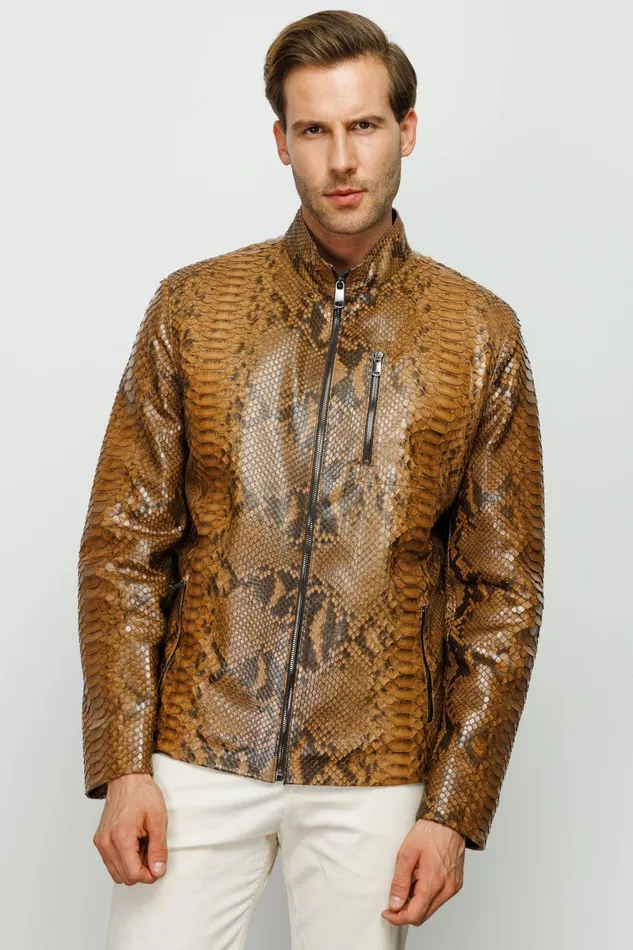 Men The Boss Pythn Tan Leather Jacket Vinci Leather Leather Jackets