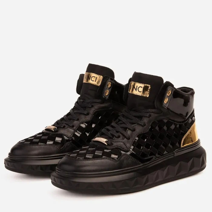 Men The Eugene Black and Gold Woven Leather HighTop Sneaker Vinci Leather Boots