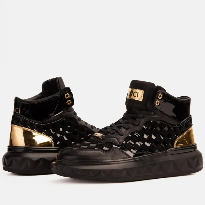 Men The Eugene Black and Gold Woven Leather HighTop Sneaker Vinci Leather Boots