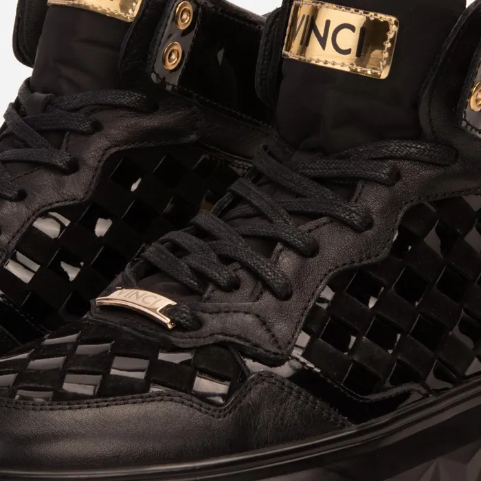 Men The Eugene Black and Gold Woven Leather HighTop Sneaker Vinci Leather Boots
