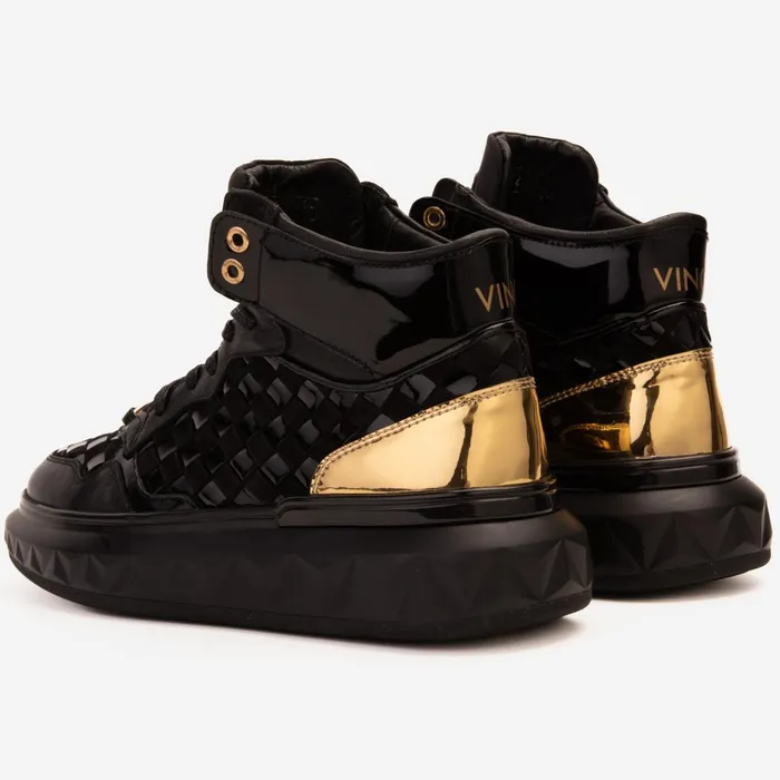 Men The Eugene Black and Gold Woven Leather HighTop Sneaker Vinci Leather Boots