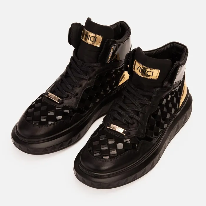 Men The Eugene Black and Gold Woven Leather HighTop Sneaker Vinci Leather Boots