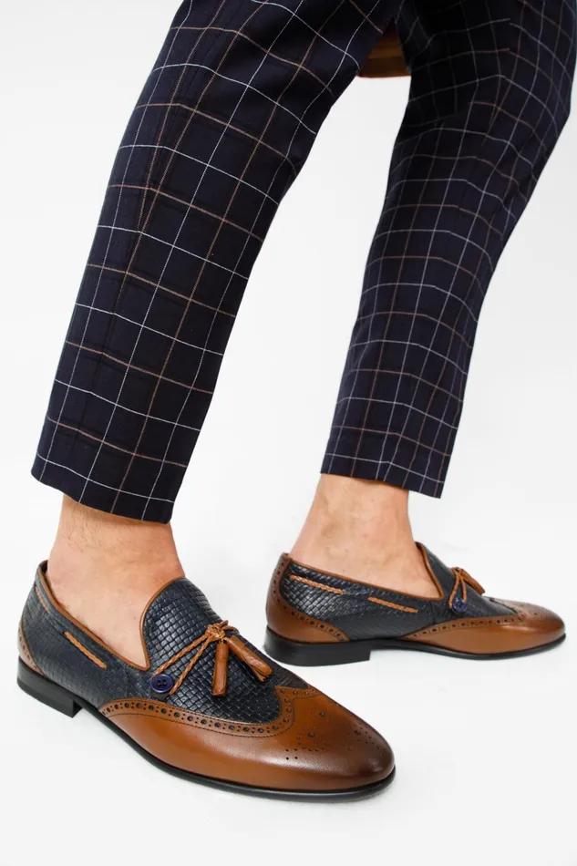 Men The Istanbul Tan and Navy Blue Leather Tassel Loafer Shoe Vinci Leather Dress Shoes