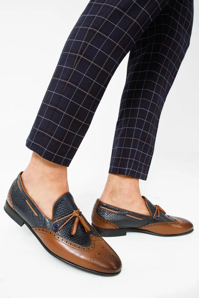 Men The Istanbul Tan and Navy Blue Leather Tassel Loafer Shoe Vinci Leather Dress Shoes