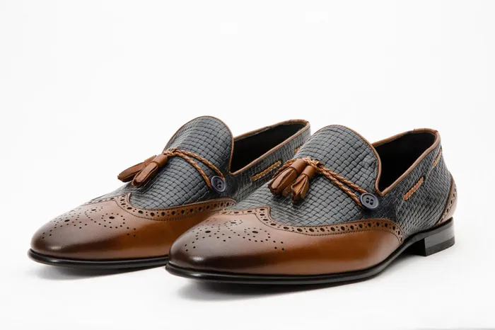 Men The Istanbul Tan and Navy Blue Leather Tassel Loafer Shoe Vinci Leather Dress Shoes