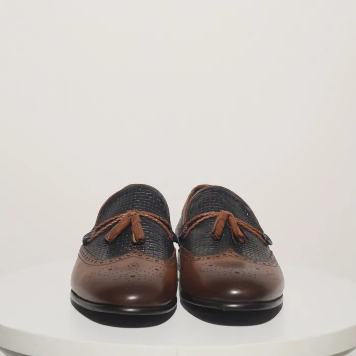 Men The Istanbul Tan and Navy Blue Leather Tassel Loafer Shoe Vinci Leather Dress Shoes