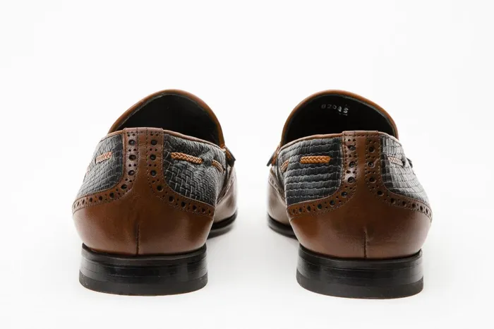 Men The Istanbul Tan and Navy Blue Leather Tassel Loafer Shoe Vinci Leather Dress Shoes