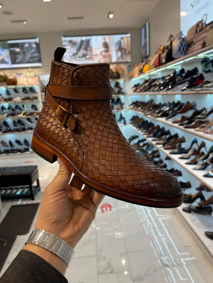 Men The Morral Tan Handwoven Leather Cross Strap Buckle ZipUp Boot Vinci Leather Boots