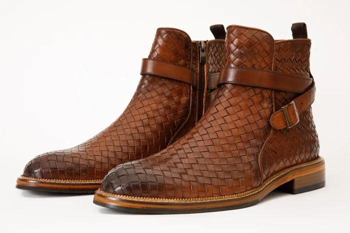 Men The Morral Tan Handwoven Leather Cross Strap Buckle ZipUp Boot Vinci Leather Boots