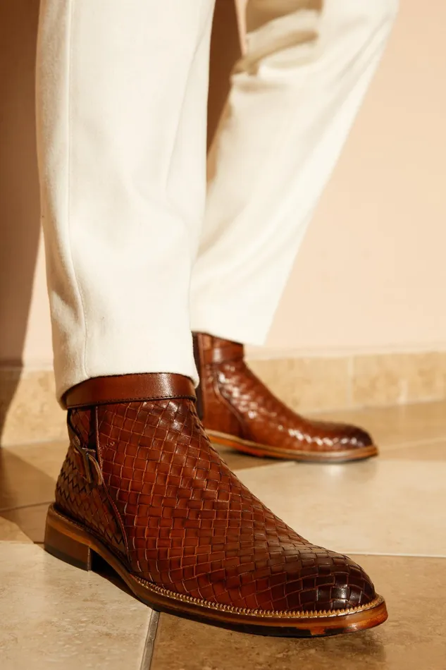 Men The Morral Tan Handwoven Leather Cross Strap Buckle ZipUp Boot Vinci Leather Boots