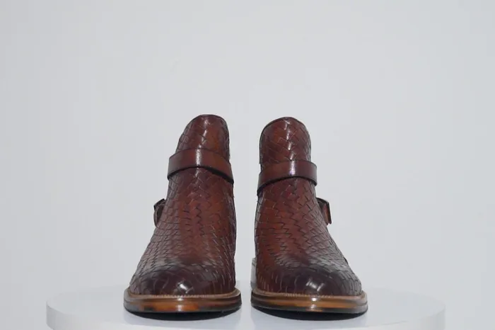 Men The Morral Tan Handwoven Leather Cross Strap Buckle ZipUp Boot Vinci Leather Boots