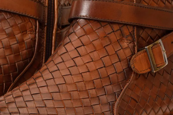 Men The Morral Tan Handwoven Leather Cross Strap Buckle ZipUp Boot Vinci Leather Boots