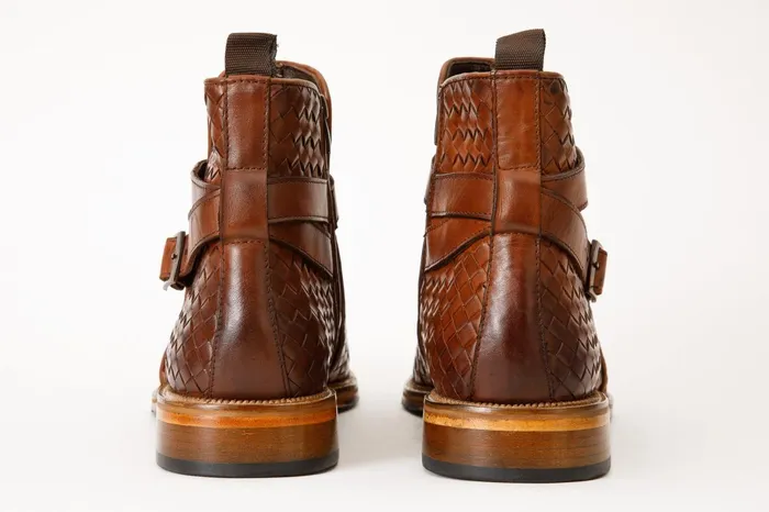 Men The Morral Tan Handwoven Leather Cross Strap Buckle ZipUp Boot Vinci Leather Boots