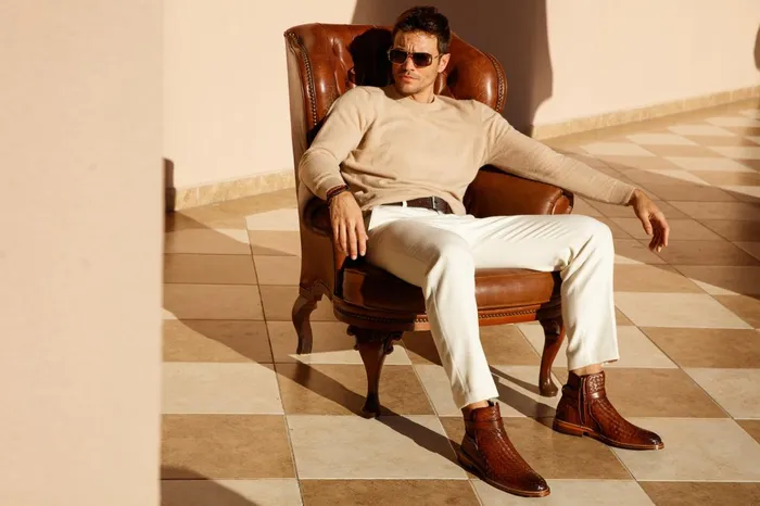 Men The Morral Tan Handwoven Leather Cross Strap Buckle ZipUp Boot Vinci Leather Boots