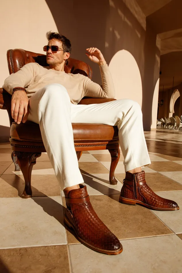 Men The Morral Tan Handwoven Leather Cross Strap Buckle ZipUp Boot Vinci Leather Boots