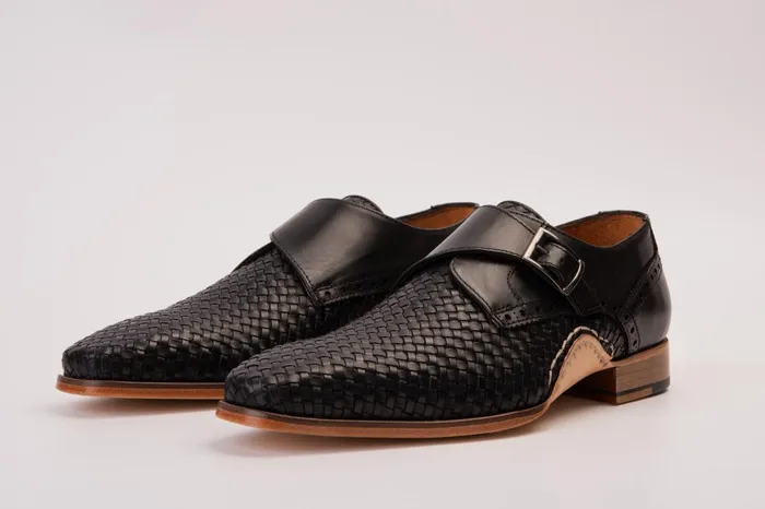 Men The Rolls Woven Black Leather Single Monk Strap Handmade Shoe Vinci Leather Dress Shoes