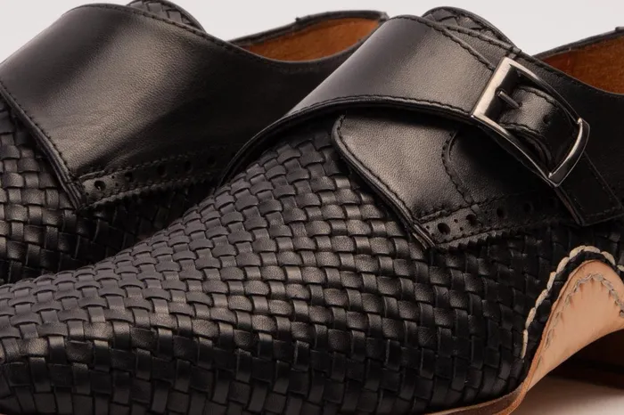 Men The Rolls Woven Black Leather Single Monk Strap Handmade Shoe Vinci Leather Dress Shoes