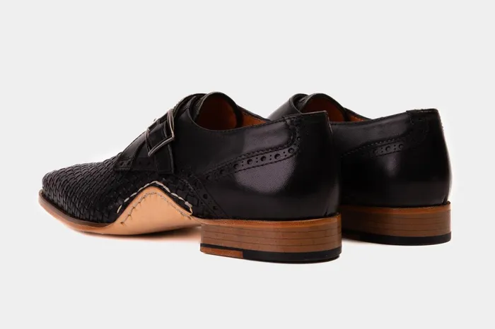 Men The Rolls Woven Black Leather Single Monk Strap Handmade Shoe Vinci Leather Dress Shoes