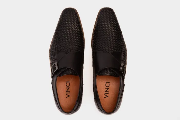 Men The Rolls Woven Black Leather Single Monk Strap Handmade Shoe Vinci Leather Dress Shoes