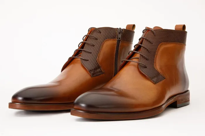 Men The Romto Tan Leather Derby LaceUp Boot With A Zipper Vinci Leather Best Sellers