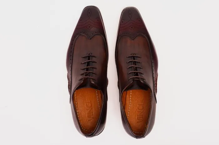 Men The Royal Hand Craft Burgundy Wingtip Oxford Shoe Vinci Leather Dress Shoes