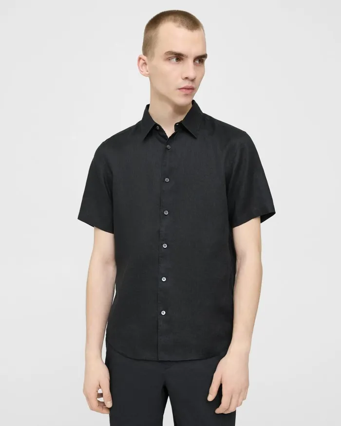 Men Theory Shirts Irving ShortSleeve Shirt In Relaxed Linen Black