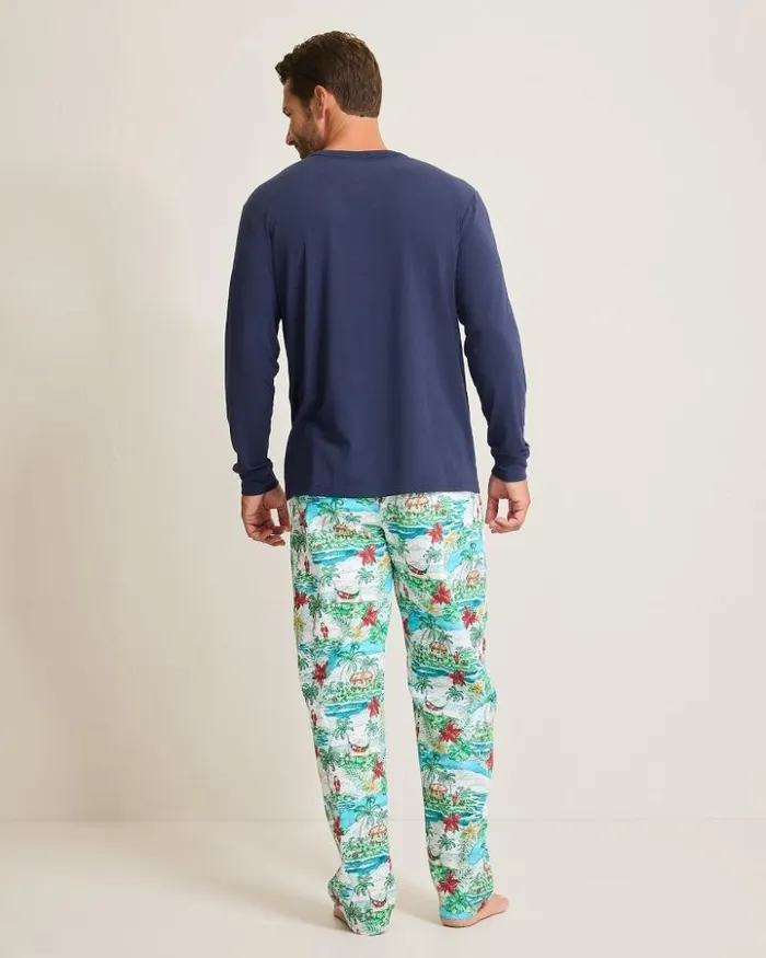 Men Tommy Bahama Loungewear and Pajamas Big and Tall Jersey Long Sleeve and Pants Pajama Set Big Sky Blue