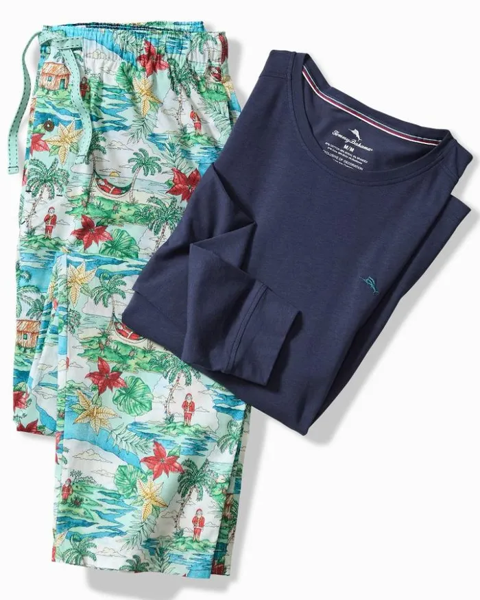 Men Tommy Bahama Loungewear and Pajamas Big and Tall Jersey Long Sleeve and Pants Pajama Set Big Sky Blue