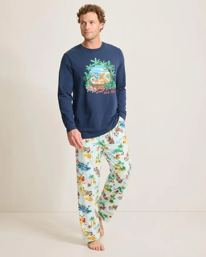 Men Tommy Bahama Loungewear and Pajamas Holiday Santa Long Sleeve and Pants Pajama Set Aqua Ice
