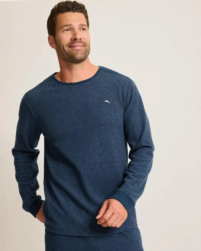 Men Tommy Bahama Loungewear and Pajamas Textured Twill Stripe Crew LongSleeve Top Dark Moonlight Men Tommy Bahama Loungewear and Pajamas Textured Twill Stripe Crew LongSleeve Top Dark Moonlight