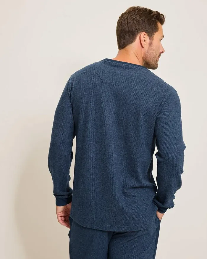 Men Tommy Bahama Loungewear and Pajamas Textured Twill Stripe Crew LongSleeve Top Dark Moonlight