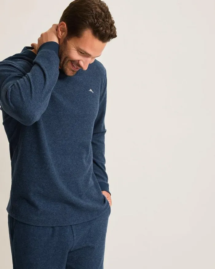 Men Tommy Bahama Loungewear and Pajamas Textured Twill Stripe Crew LongSleeve Top Dark Moonlight
