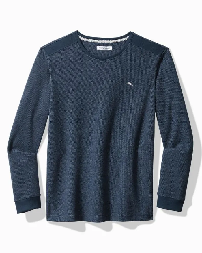 Men Tommy Bahama Loungewear and Pajamas Textured Twill Stripe Crew LongSleeve Top Dark Moonlight