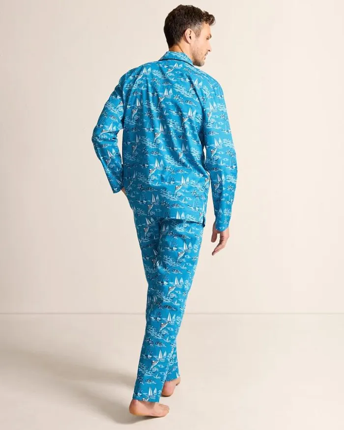 Men Tommy Bahama Loungewear and Pajamas Woven Long Sleeve and Pants Pajama Set Slate Teal