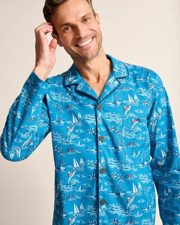 Men Tommy Bahama Loungewear and Pajamas Woven Long Sleeve and Pants Pajama Set Slate Teal